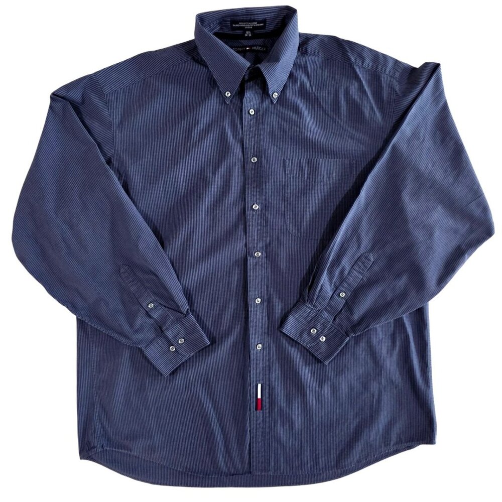Tommy Hilfiger Navy Blue Gingham Long Sleeve Button Down Dress Shirt Size 16.5